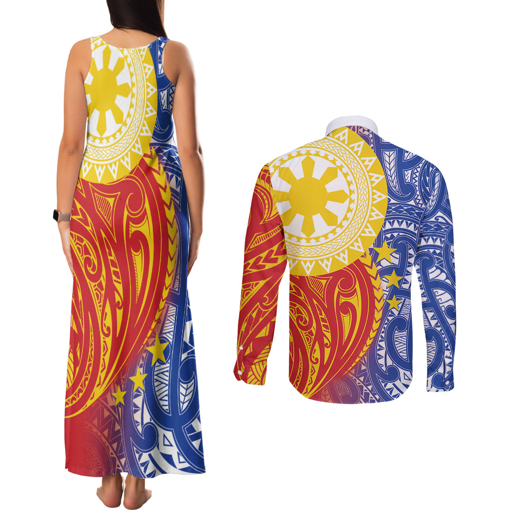 Philippines Couples Matching Tank Maxi Dress and Long Sleeve Button Shirt Pilipinas Polynesian Pattern