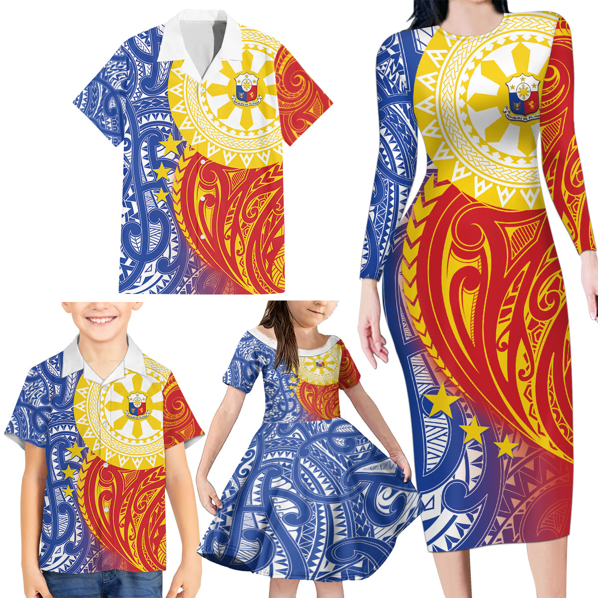 Philippines Family Matching Long Sleeve Bodycon Dress and Hawaiian Shirt Pilipinas Polynesian Pattern LT01 - Polynesian Pride