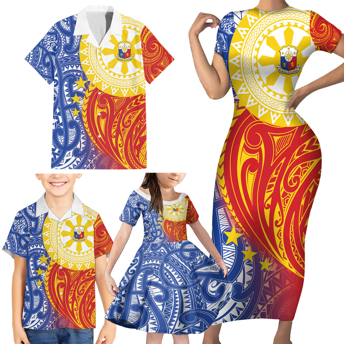 Philippines Family Matching Short Sleeve Bodycon Dress and Hawaiian Shirt Pilipinas Polynesian Pattern LT01 - Polynesian Pride