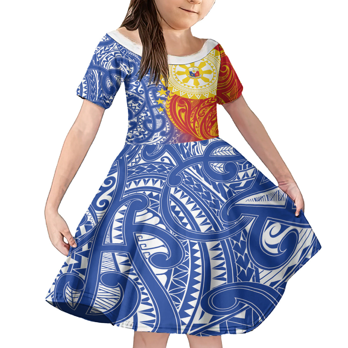 Philippines Kid Short Sleeve Dress Pilipinas Polynesian Pattern