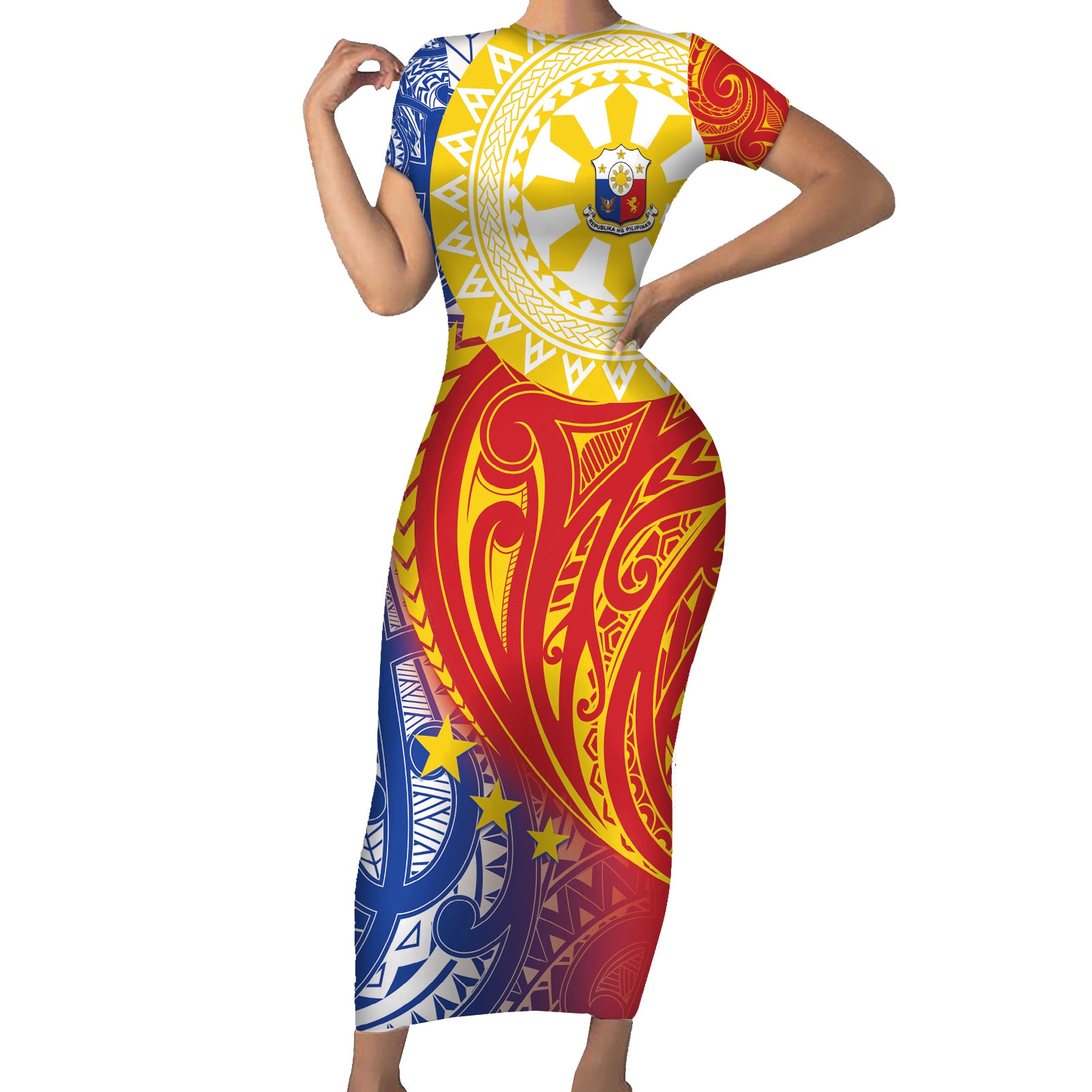 Philippines Short Sleeve Bodycon Dress Pilipinas Polynesian Pattern
