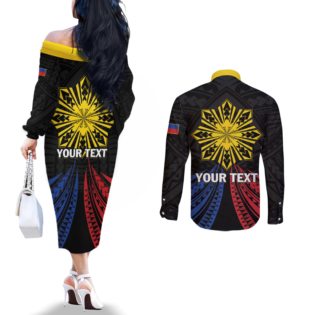 Personalized Philippines Independence Day Couples Matching Off The Shoulder Long Sleeve Dress and Long Sleeve Button Shirt Filipino 126th Anniversary Sun Tattoo