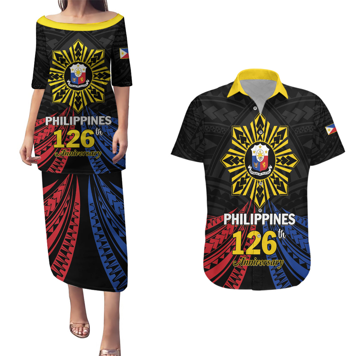 Personalized Philippines Independence Day Couples Matching Puletasi and Hawaiian Shirt Filipino 126th Anniversary Sun Tattoo