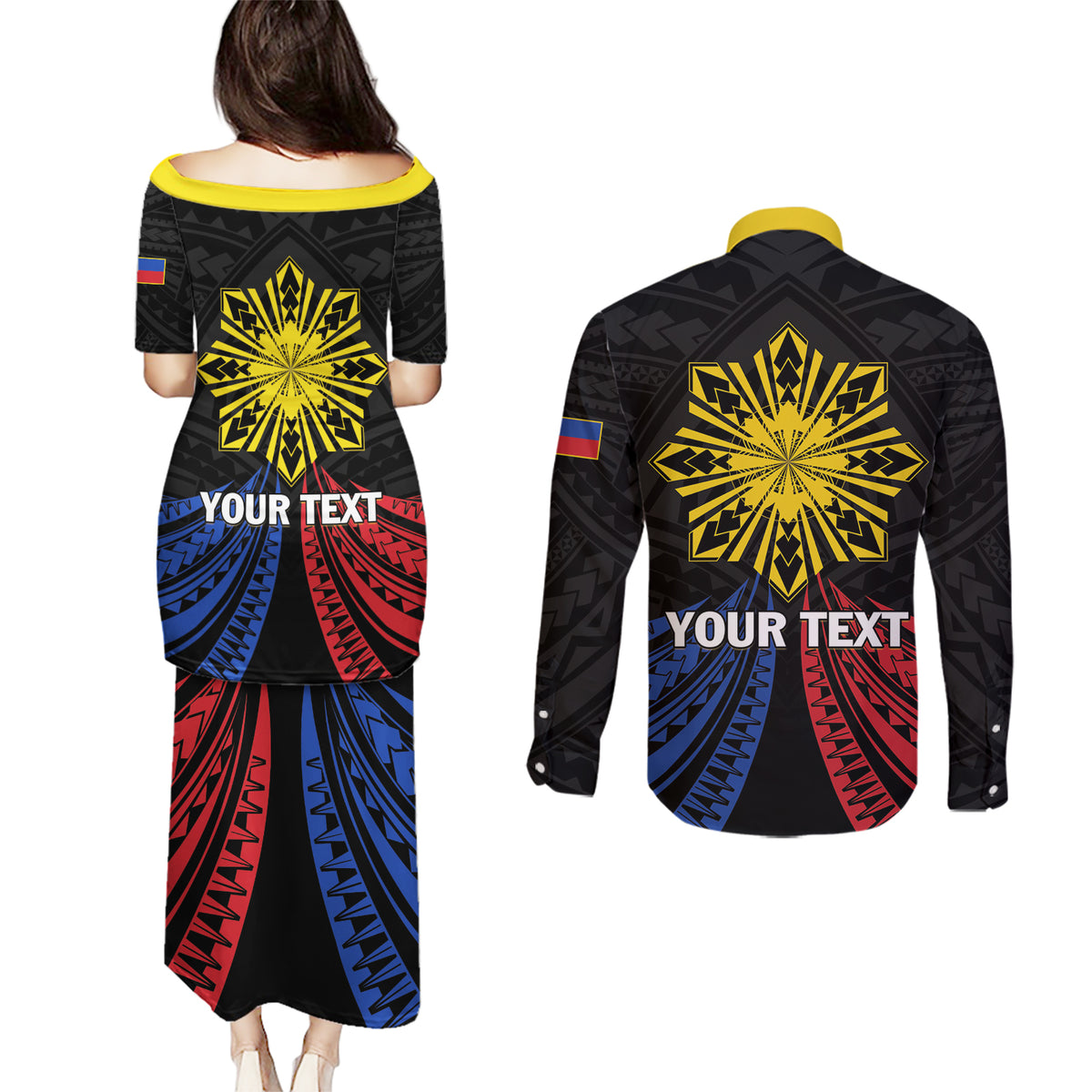 Personalized Philippines Independence Day Couples Matching Puletasi and Long Sleeve Button Shirt Filipino 126th Anniversary Sun Tattoo