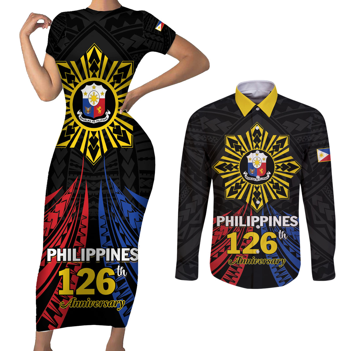 Personalized Philippines Independence Day Couples Matching Short Sleeve Bodycon Dress and Long Sleeve Button Shirt Filipino 126th Anniversary Sun Tattoo