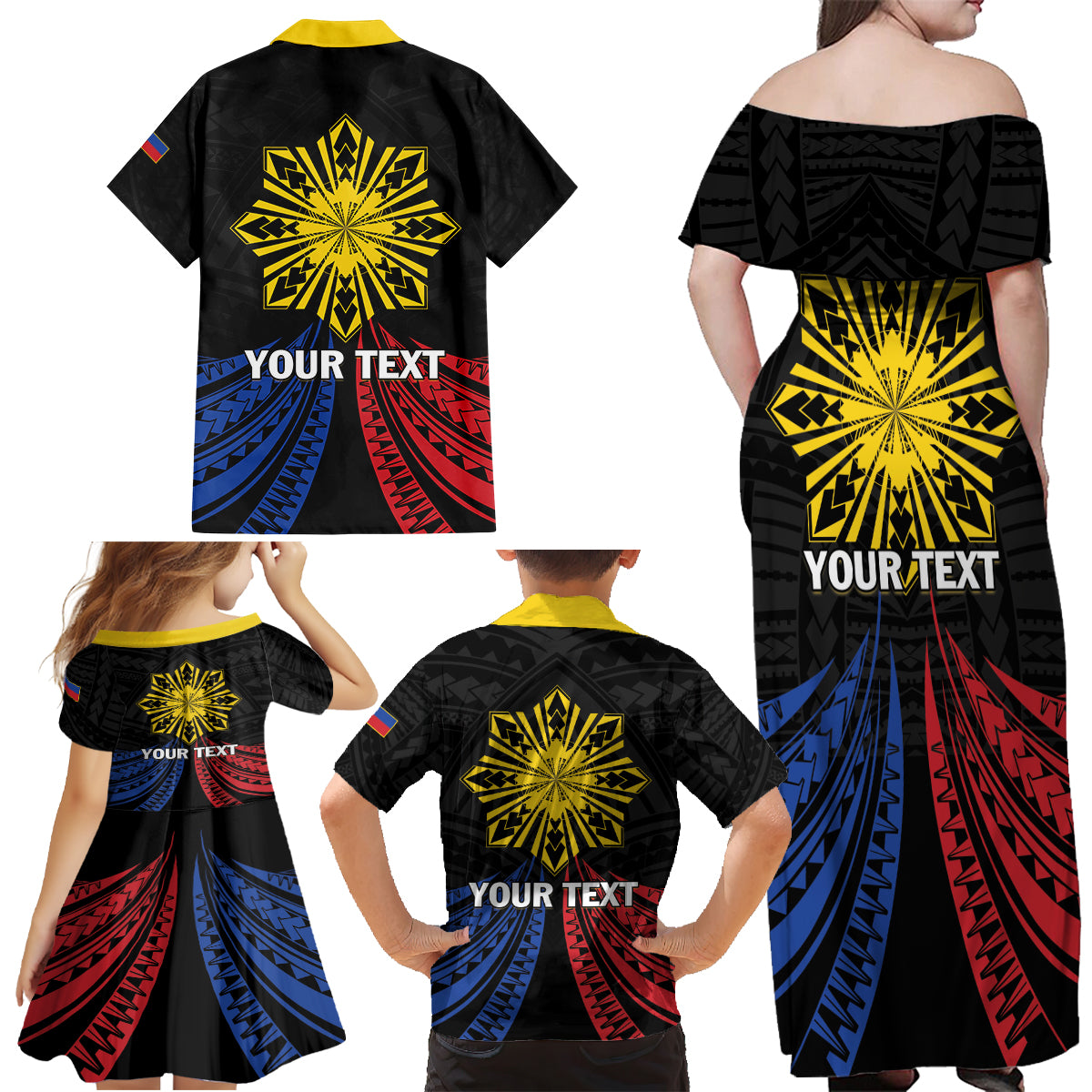 Personalized Philippines Independence Day Family Matching Off Shoulder Maxi Dress and Hawaiian Shirt Filipino 126th Anniversary Sun Tattoo
