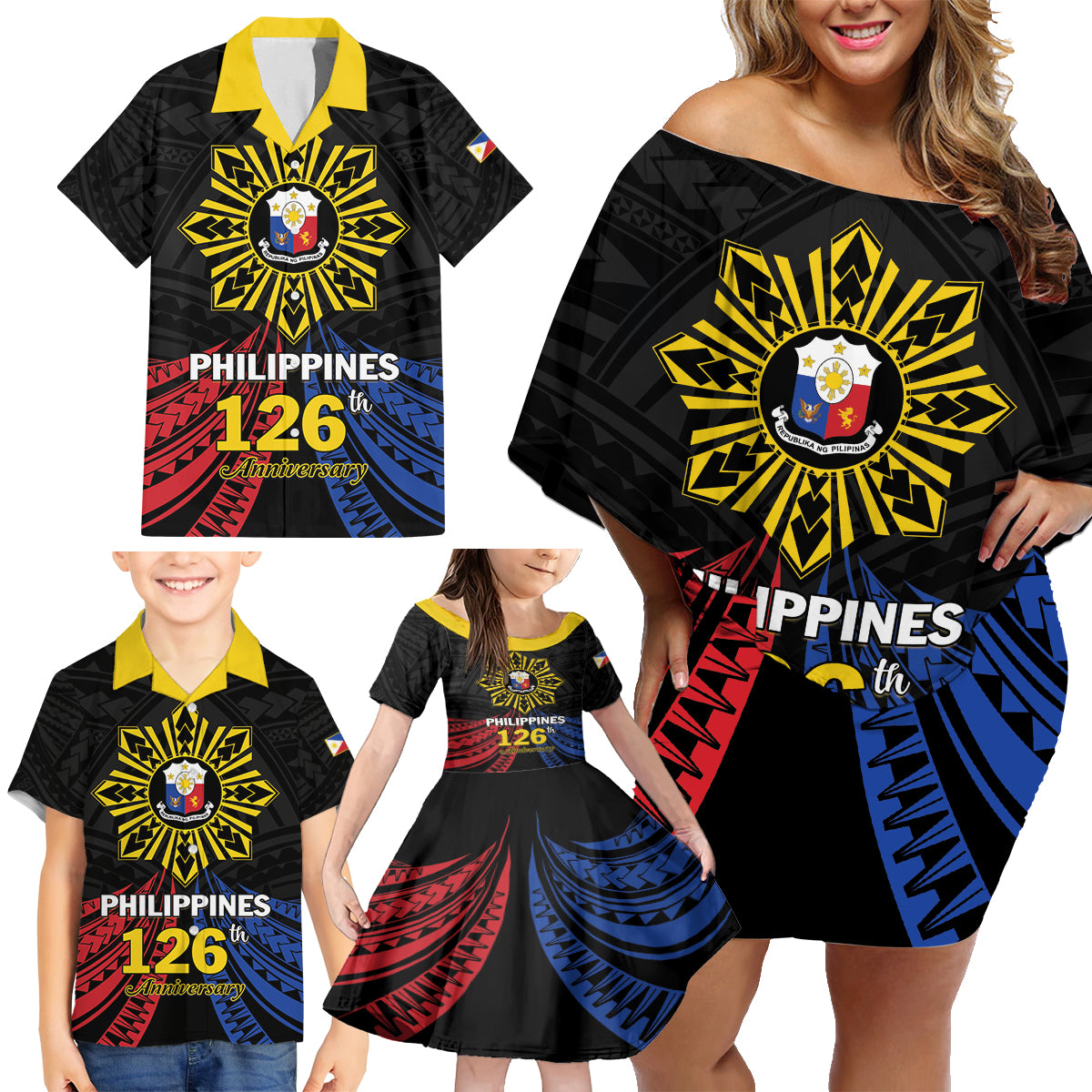 Personalized Philippines Independence Day Family Matching Off Shoulder Short Dress and Hawaiian Shirt Filipino 126th Anniversary Sun Tattoo