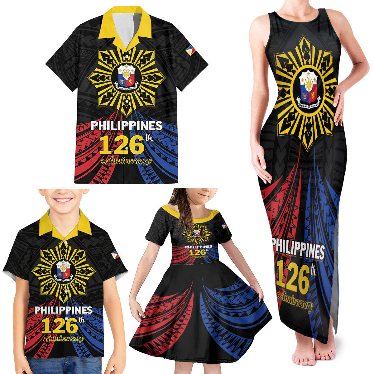 Personalized Philippines Independence Day Family Matching Tank Maxi Dress and Hawaiian Shirt Filipino 126th Anniversary Sun Tattoo
