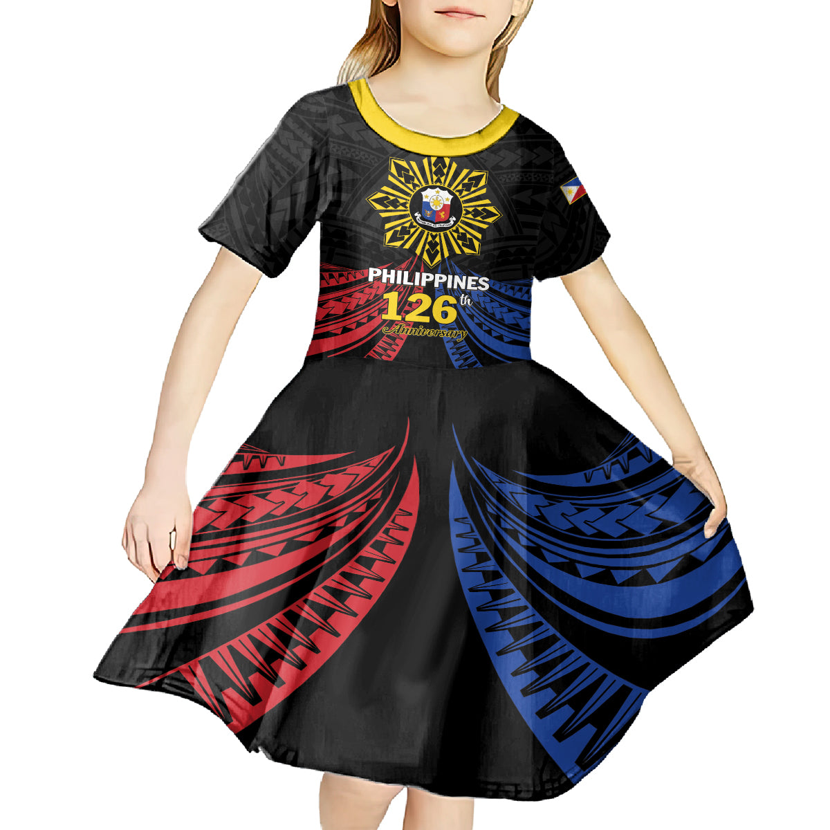 Personalized Philippines Independence Day Kid Short Sleeve Dress Filipino 126th Anniversary Sun Tattoo
