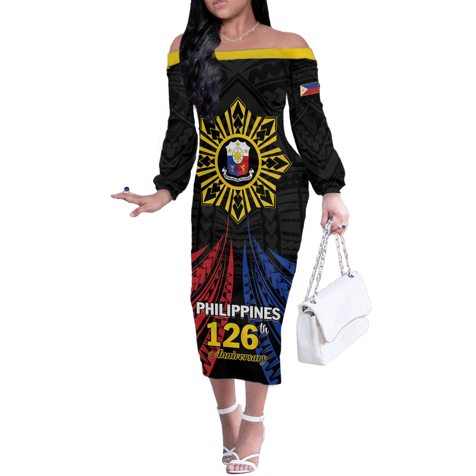Personalized Philippines Independence Day Off The Shoulder Long Sleeve Dress Filipino 126th Anniversary Sun Tattoo