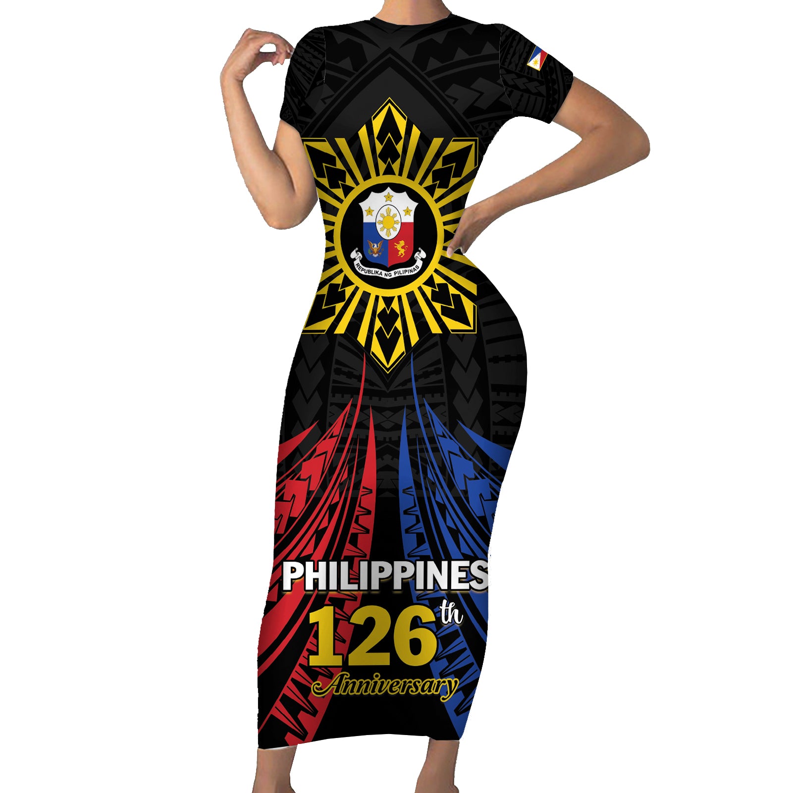 Personalized Philippines Independence Day Short Sleeve Bodycon Dress Filipino 126th Anniversary Sun Tattoo