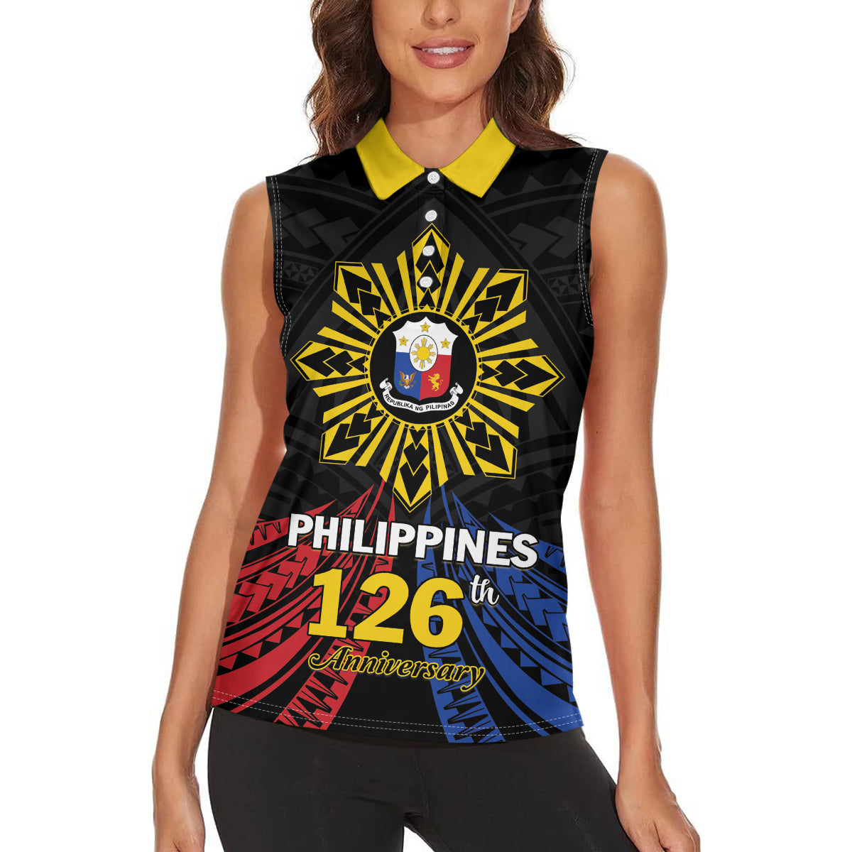 Personalized Philippines Independence Day Women Sleeveless Polo Shirt Filipino 126th Anniversary Sun Tattoo