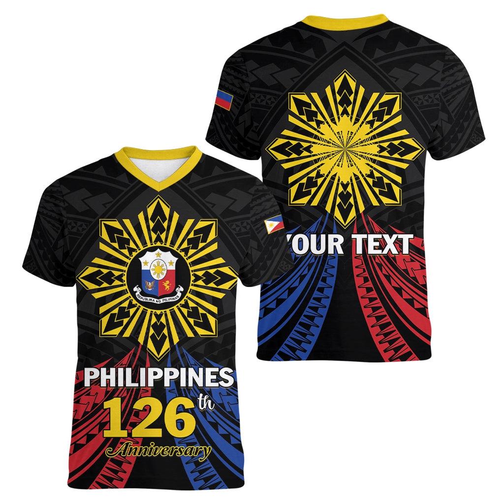 Personalized Philippines Independence Day Women V-Neck T-Shirt Filipino 126th Anniversary Sun Tattoo