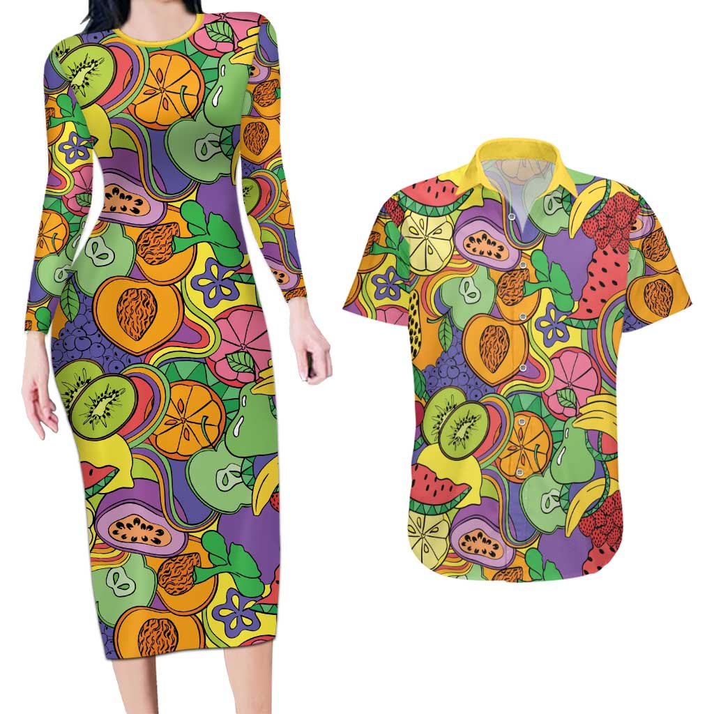 Hawaii Fruits Hippie Style Couples Matching Long Sleeve Bodycon Dress and Hawaiian Shirt Vibrant Colorful LT01 Multicolor - Polynesian Pride