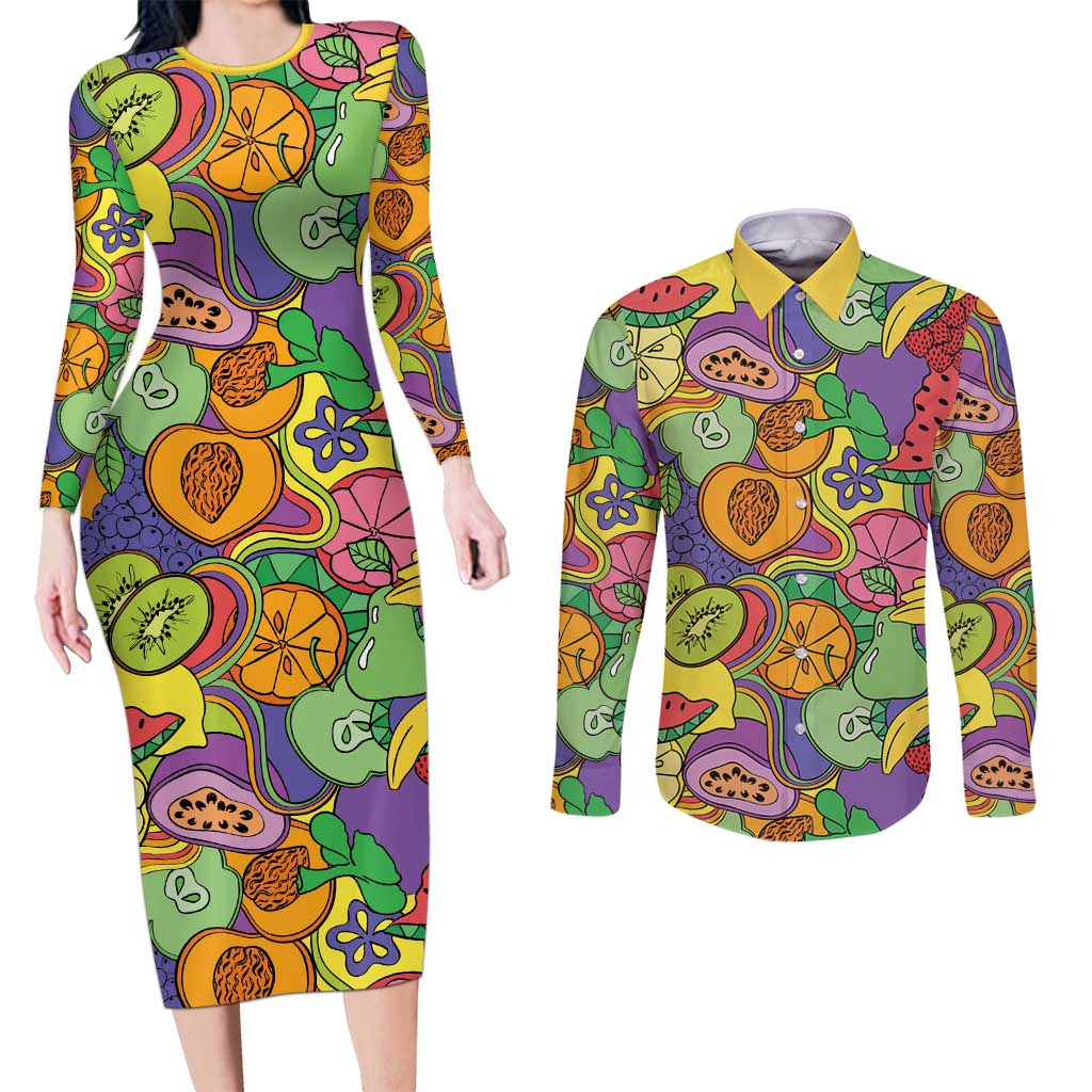 Hawaii Fruits Hippie Style Couples Matching Long Sleeve Bodycon Dress and Long Sleeve Button Shirt Vibrant Colorful