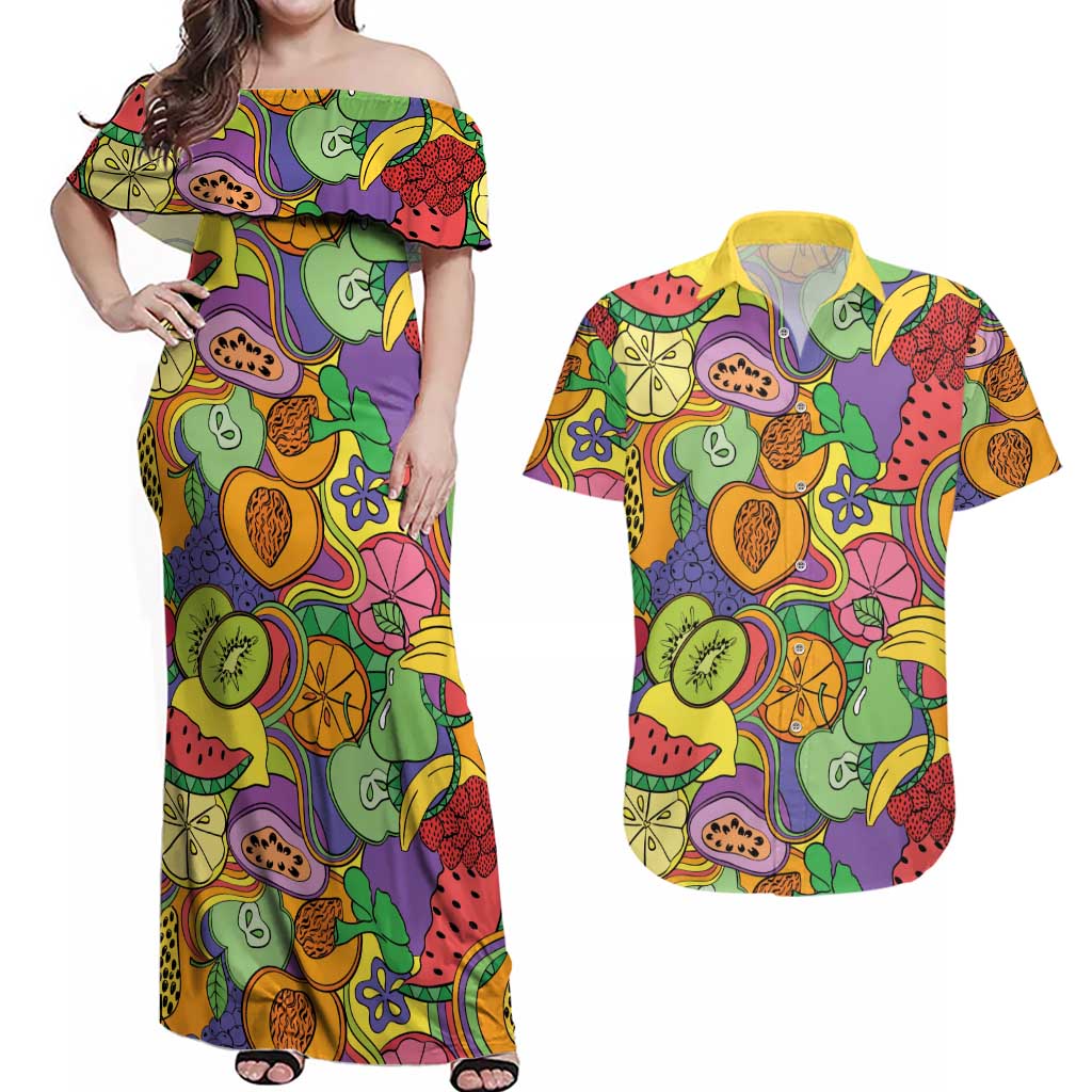 Hawaii Fruits Hippie Style Couples Matching Off Shoulder Maxi Dress and Hawaiian Shirt Vibrant Colorful LT01 Multicolor - Polynesian Pride