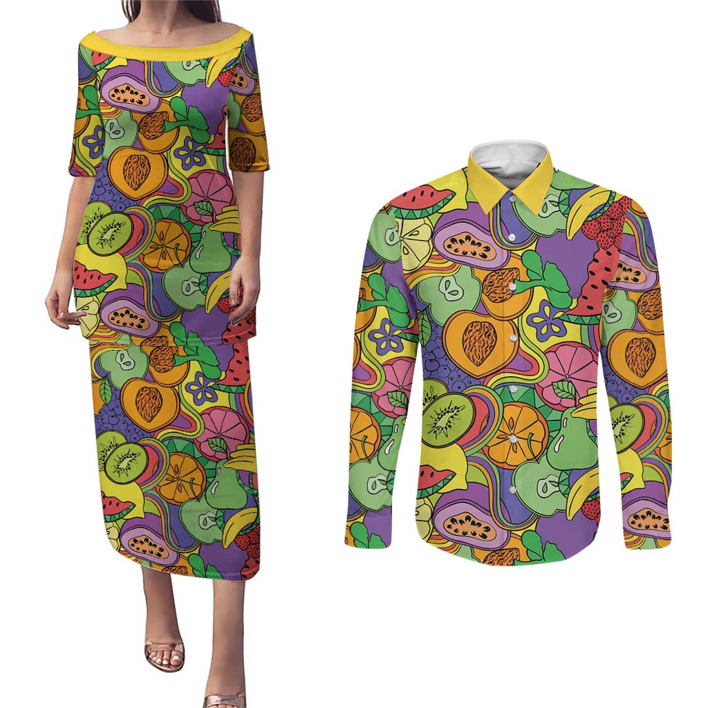 Hawaii Fruits Hippie Style Couples Matching Puletasi and Long Sleeve Button Shirt Vibrant Colorful LT01 Multicolor - Polynesian Pride