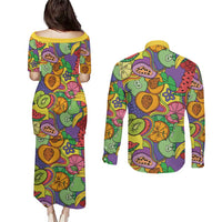 Hawaii Fruits Hippie Style Couples Matching Puletasi and Long Sleeve Button Shirt Vibrant Colorful LT01 - Polynesian Pride