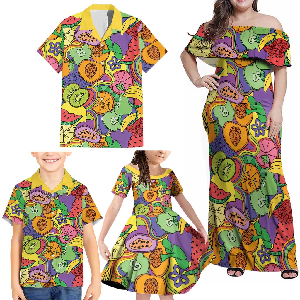 Hawaii Fruits Hippie Style Family Matching Off Shoulder Maxi Dress and Hawaiian Shirt Vibrant Colorful