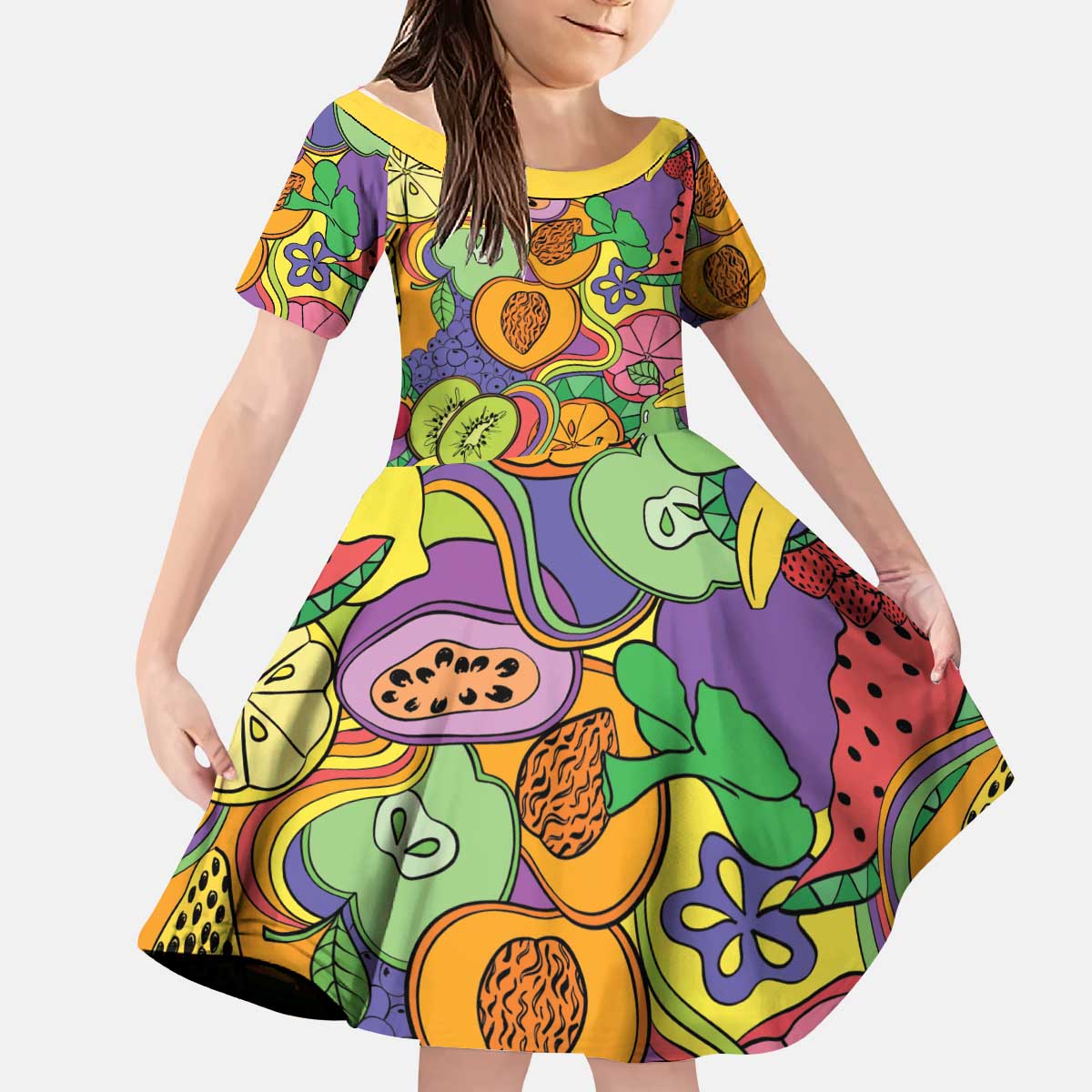 Hawaii Fruits Hippie Style Kid Short Sleeve Dress Vibrant Colorful