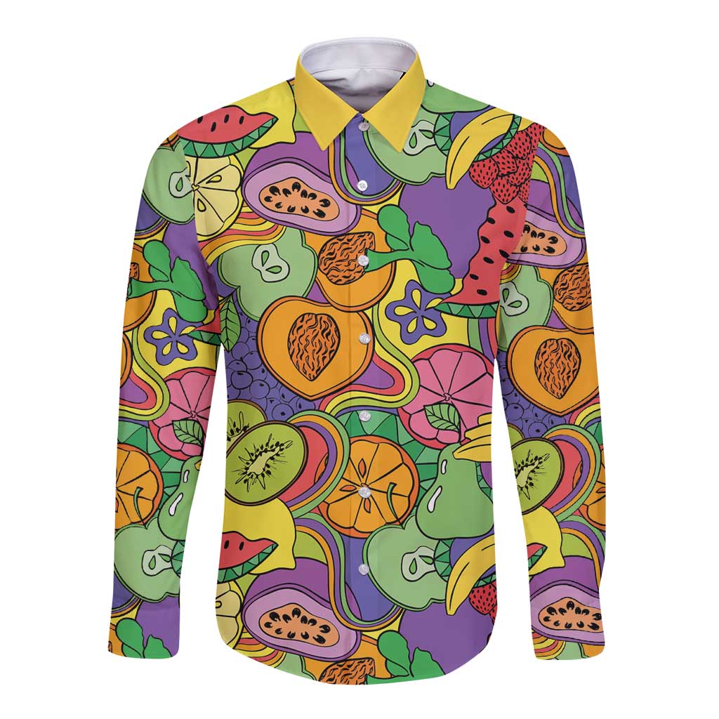 Hawaii Fruits Hippie Style Long Sleeve Button Shirt Vibrant Colorful LT01 Unisex Multicolor - Polynesian Pride