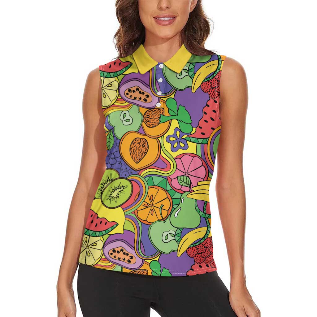 Hawaii Fruits Hippie Style Women Sleeveless Polo Shirt Vibrant Colorful LT01 - Polynesian Pride