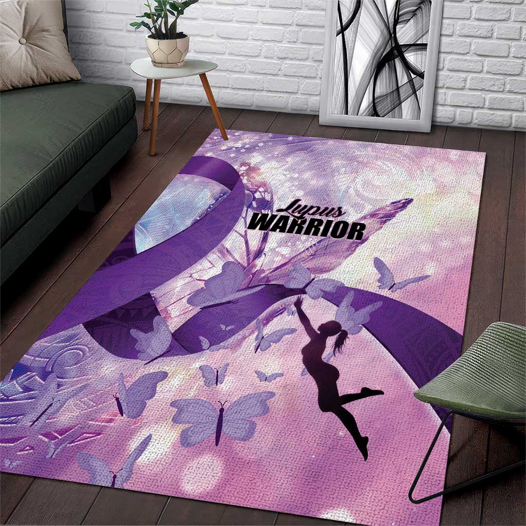 Polynesian Lupus Awareness Area Rug Butterfly Hologram Lupus Warrior