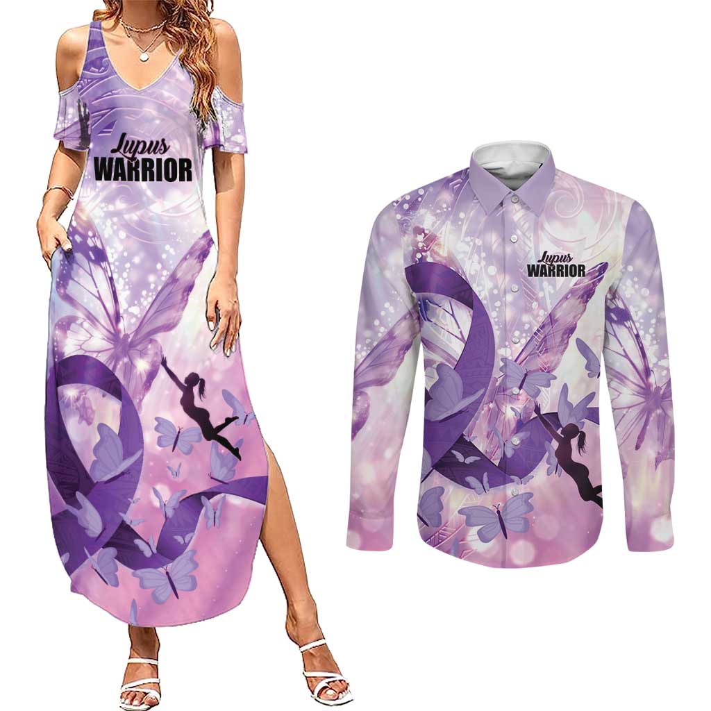 Personalized Polynesian Lupus Awareness Couples Matching Summer Maxi Dress and Long Sleeve Button Shirt Butterfly Hologram Lupus Warrior