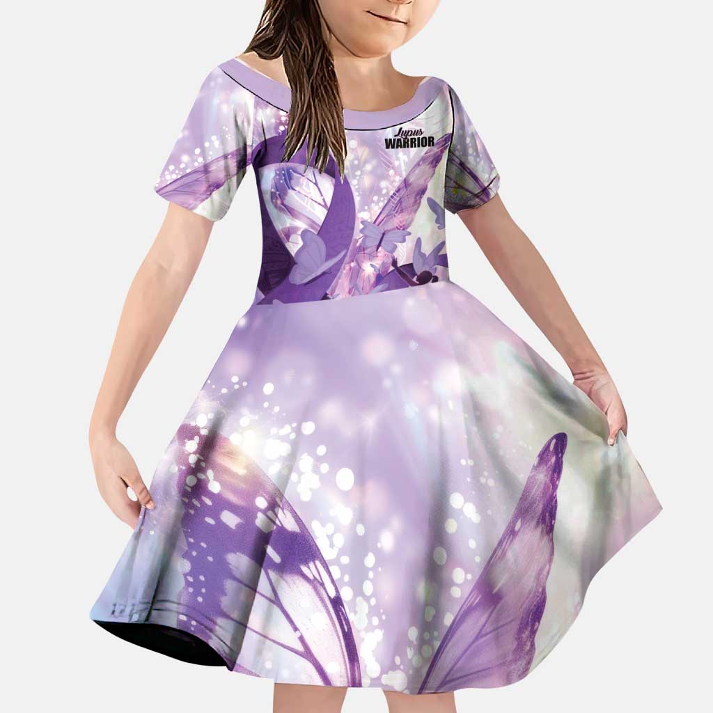 Personalized Polynesian Lupus Awareness Family Matching Puletasi and Hawaiian Shirt Butterfly Hologram Lupus Warrior LT01 Daughter's Dress Purple - Polynesian Pride