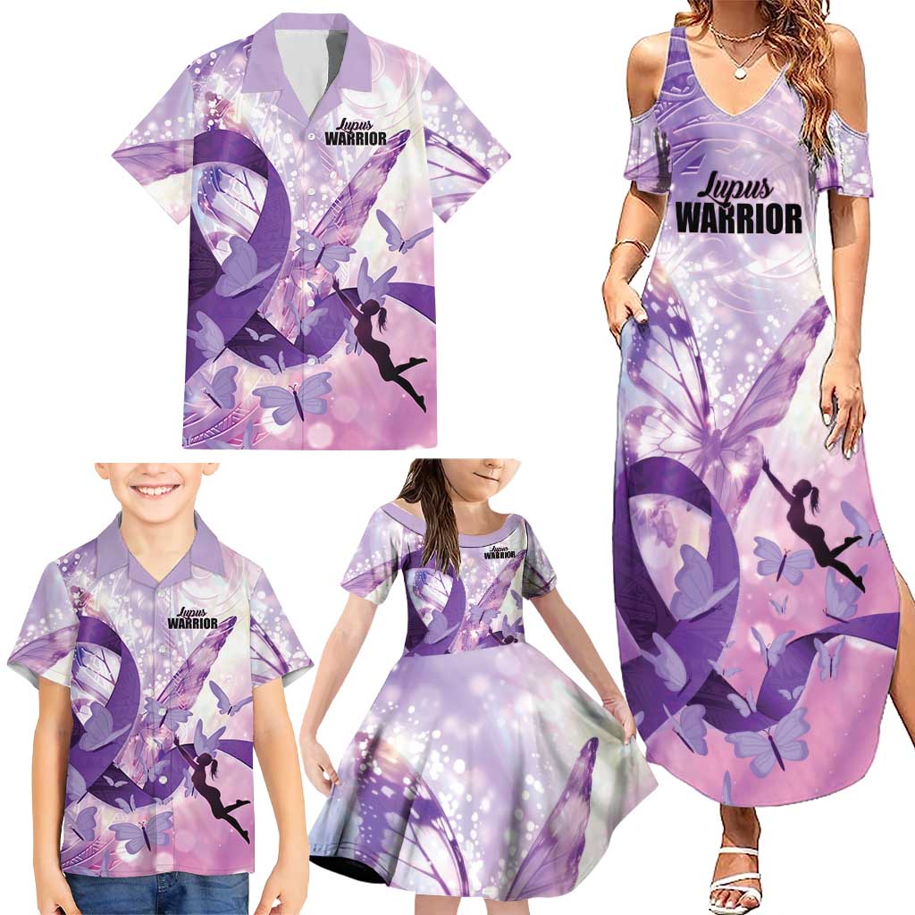 Personalized Polynesian Lupus Awareness Family Matching Summer Maxi Dress and Hawaiian Shirt Butterfly Hologram Lupus Warrior