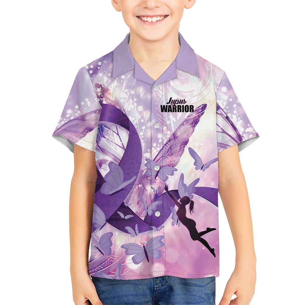 Personalized Polynesian Lupus Awareness Kid Hawaiian Shirt Butterfly Hologram Lupus Warrior
