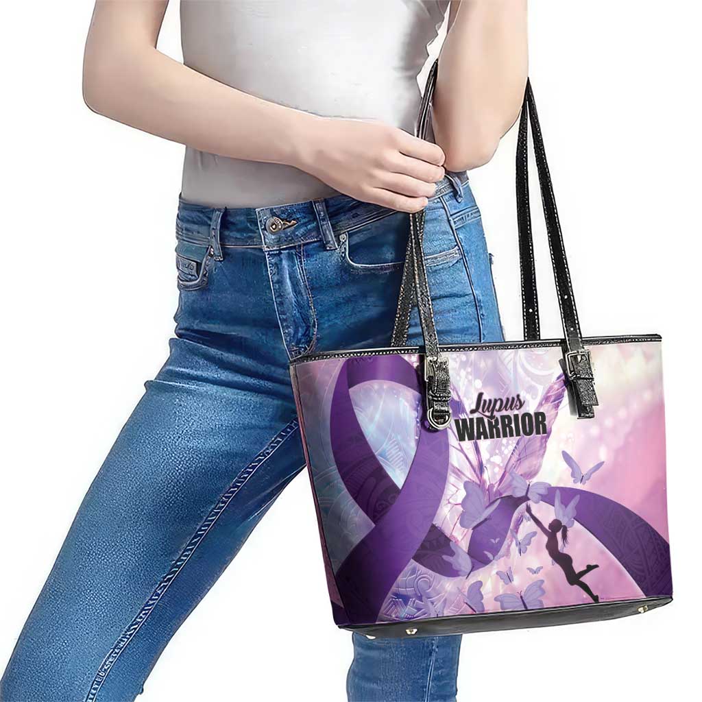 Polynesian Lupus Awareness Leather Tote Bag Butterfly Hologram Lupus Warrior LT01 - Polynesian Pride