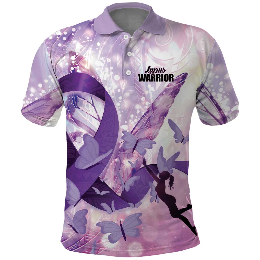 Personalized Polynesian Lupus Awareness Polo Shirt Butterfly Hologram Lupus Warrior