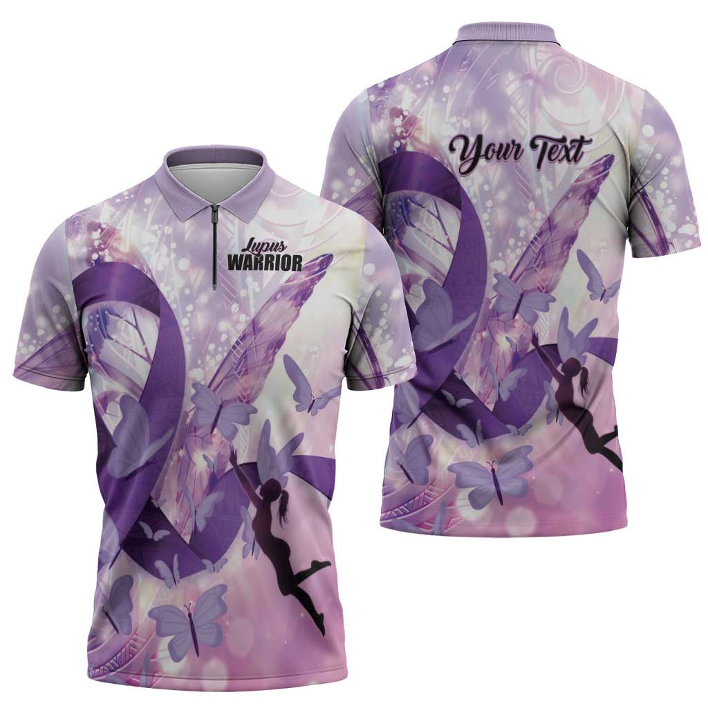 Personalized Polynesian Lupus Awareness Zipper Polo Shirt Butterfly Hologram Lupus Warrior LT01 - Polynesian Pride