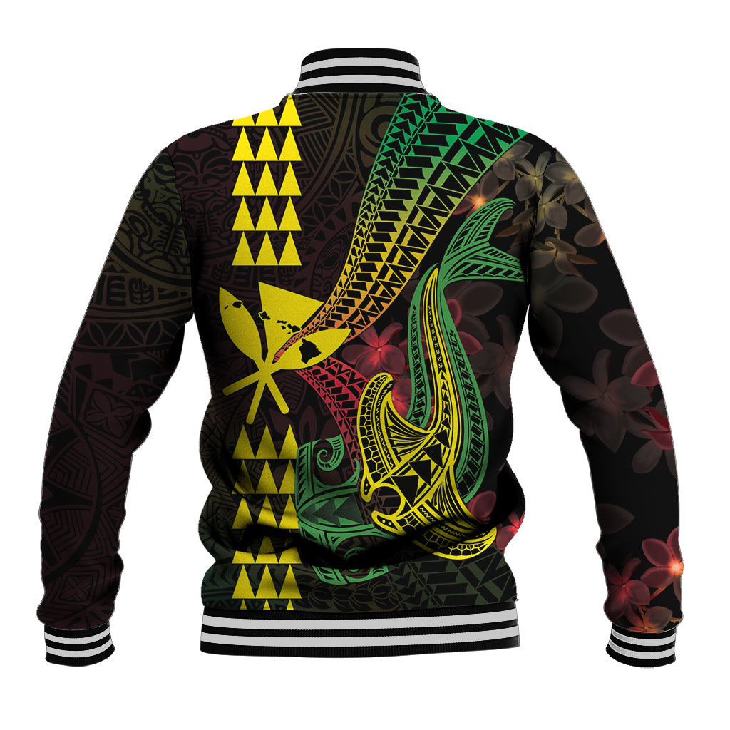 Hawaii Kakau Hammerhead Shark Baseball Jacket Neon Plumeria Pattern