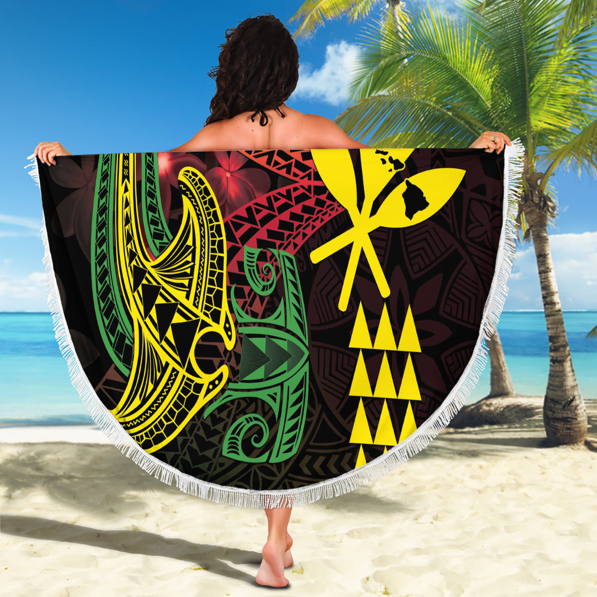 Hawaii Kakau Hammerhead Shark Beach Blanket Neon Plumeria Pattern