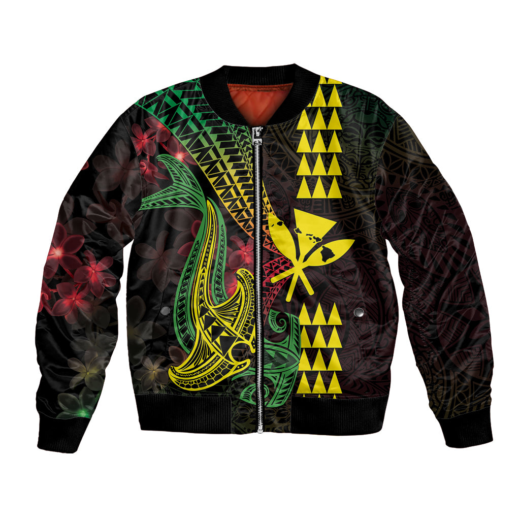 Hawaii Kakau Hammerhead Shark Bomber Jacket Neon Plumeria Pattern
