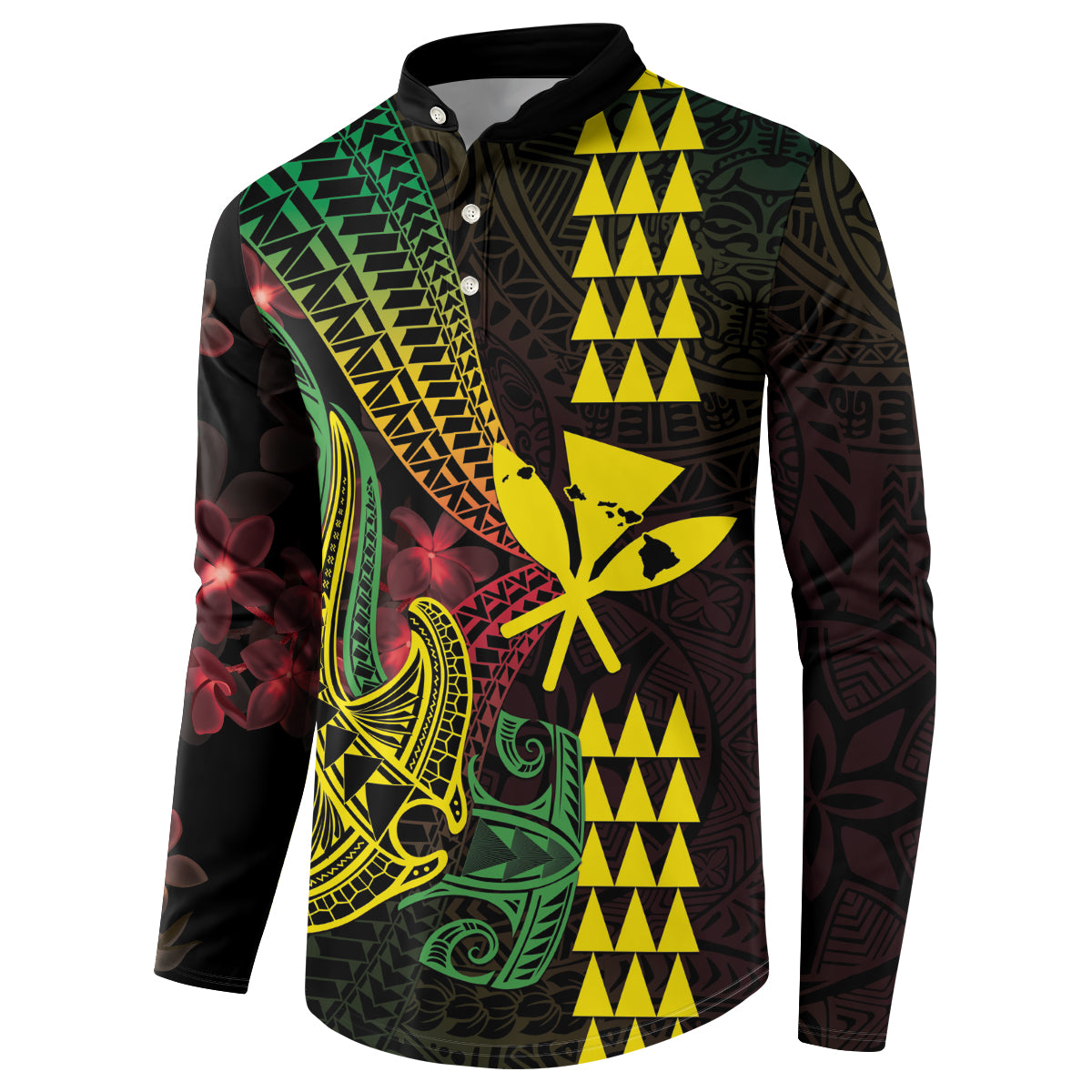 Hawaii Kakau Hammerhead Shark Button Sweatshirt Neon Plumeria Pattern