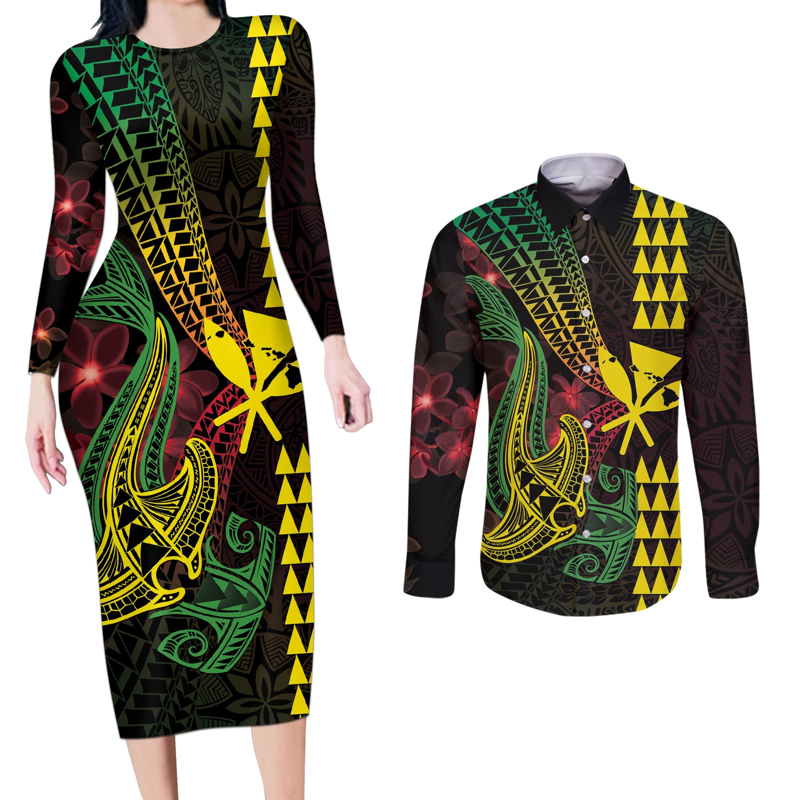 Hawaii Kakau Hammerhead Shark Couples Matching Long Sleeve Bodycon Dress and Long Sleeve Button Shirt Neon Plumeria Pattern