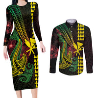 Hawaii Kakau Hammerhead Shark Couples Matching Long Sleeve Bodycon Dress and Long Sleeve Button Shirt Neon Plumeria Pattern