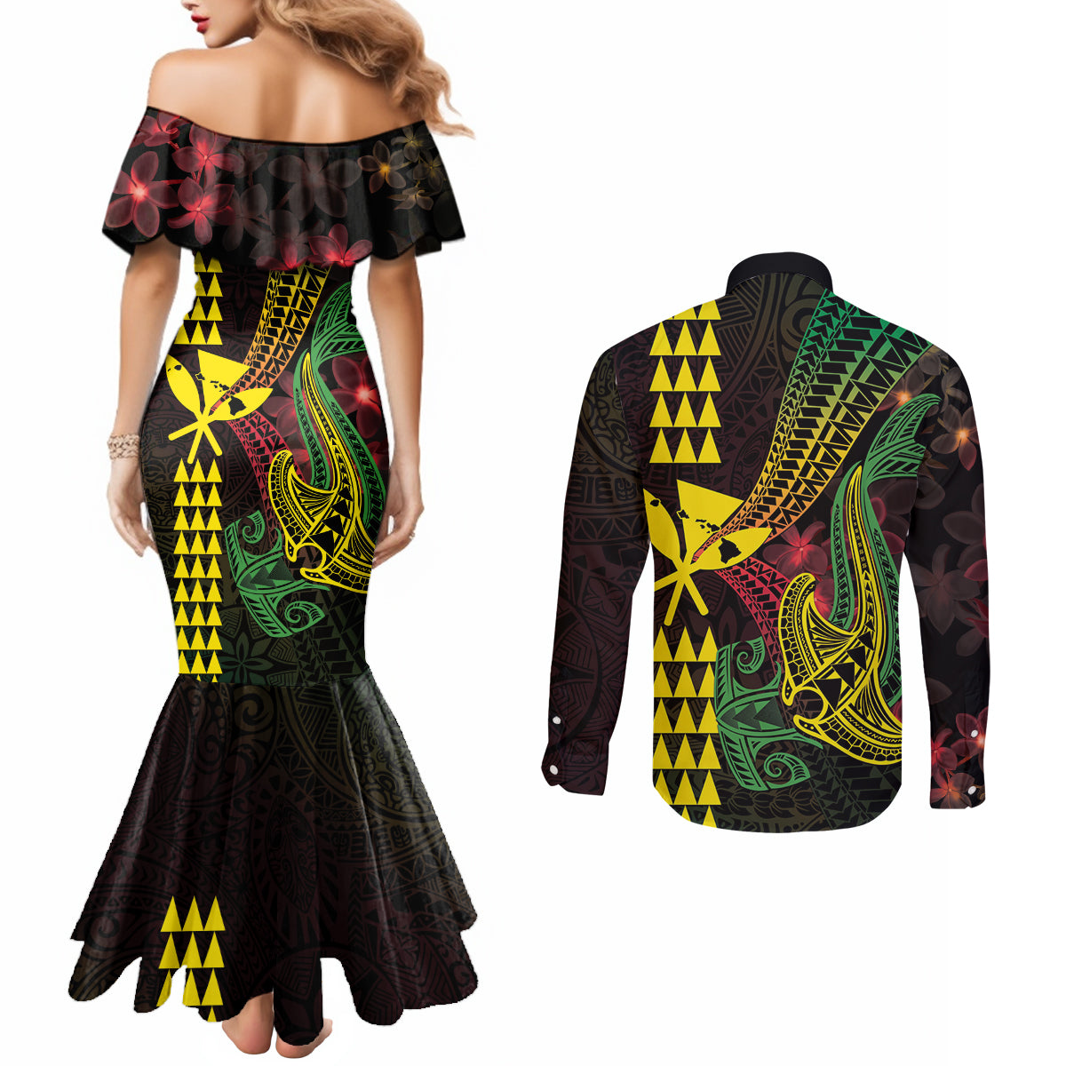 Hawaii Kakau Hammerhead Shark Couples Matching Mermaid Dress and Long Sleeve Button Shirt Neon Plumeria Pattern