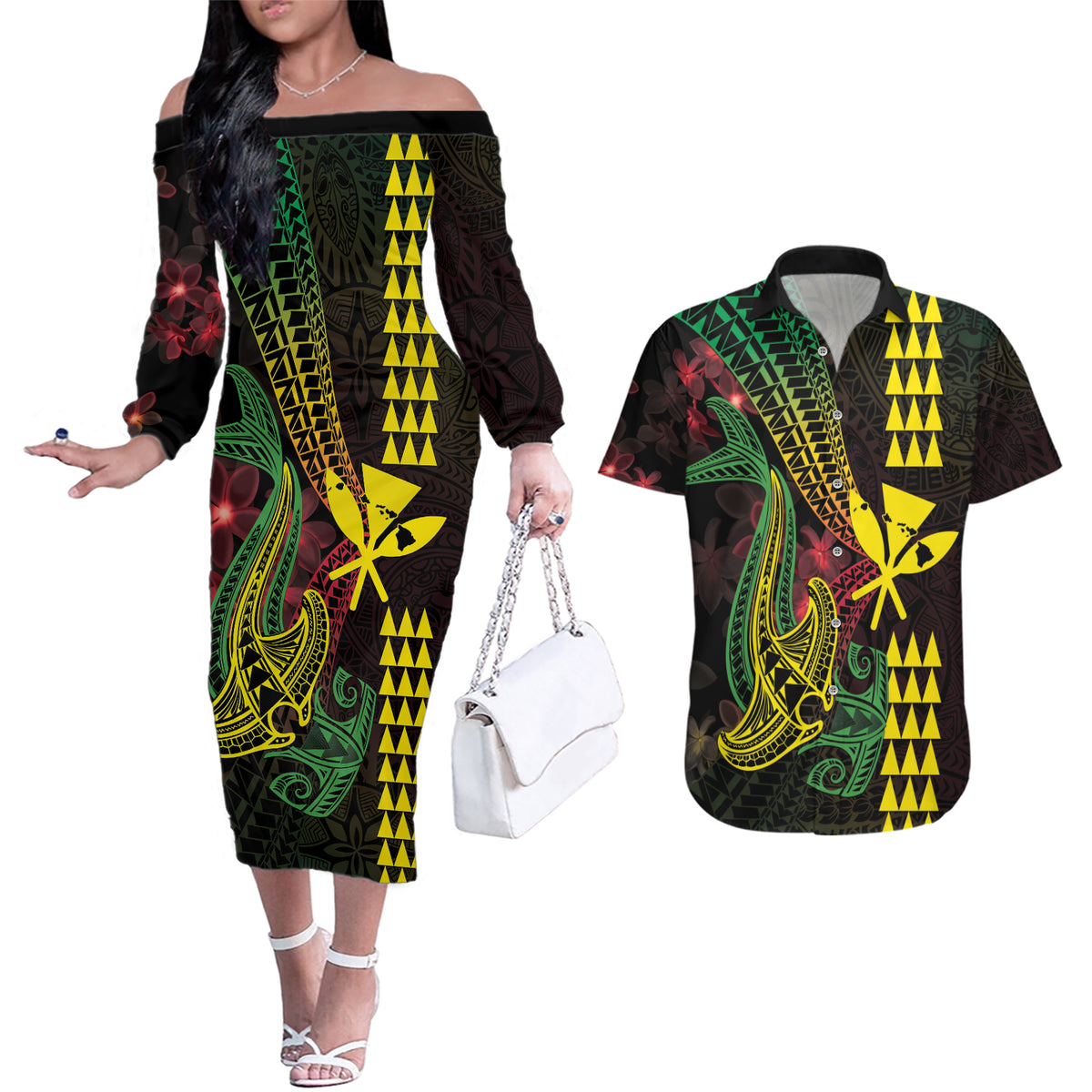 Hawaii Kakau Hammerhead Shark Couples Matching Off The Shoulder Long Sleeve Dress and Hawaiian Shirt Neon Plumeria Pattern