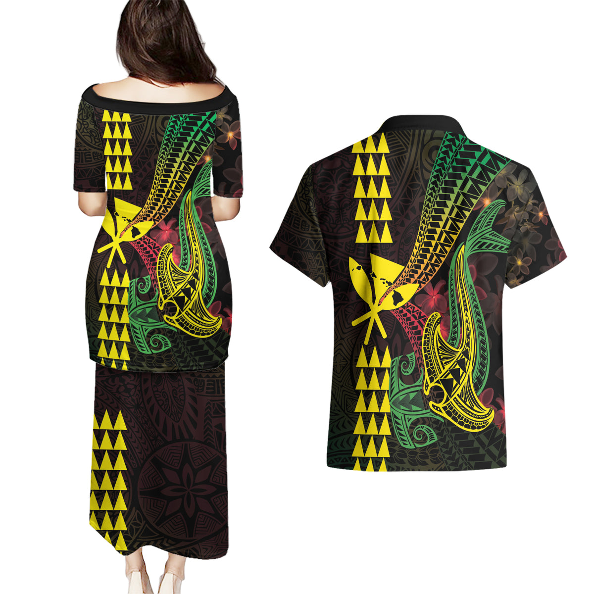 Hawaii Kakau Hammerhead Shark Couples Matching Puletasi and Hawaiian Shirt Neon Plumeria Pattern