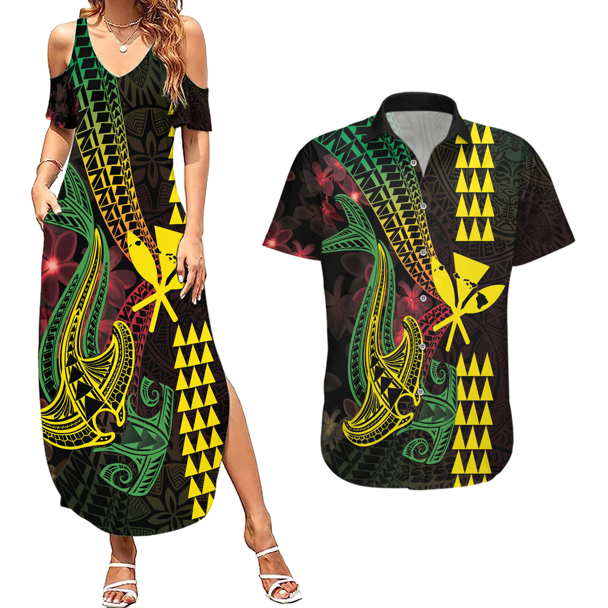 Hawaii Kakau Hammerhead Shark Couples Matching Summer Maxi Dress and Hawaiian Shirt Neon Plumeria Pattern