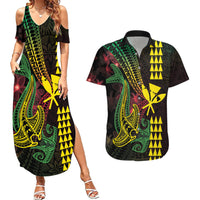 Hawaii Kakau Hammerhead Shark Couples Matching Summer Maxi Dress and Hawaiian Shirt Neon Plumeria Pattern