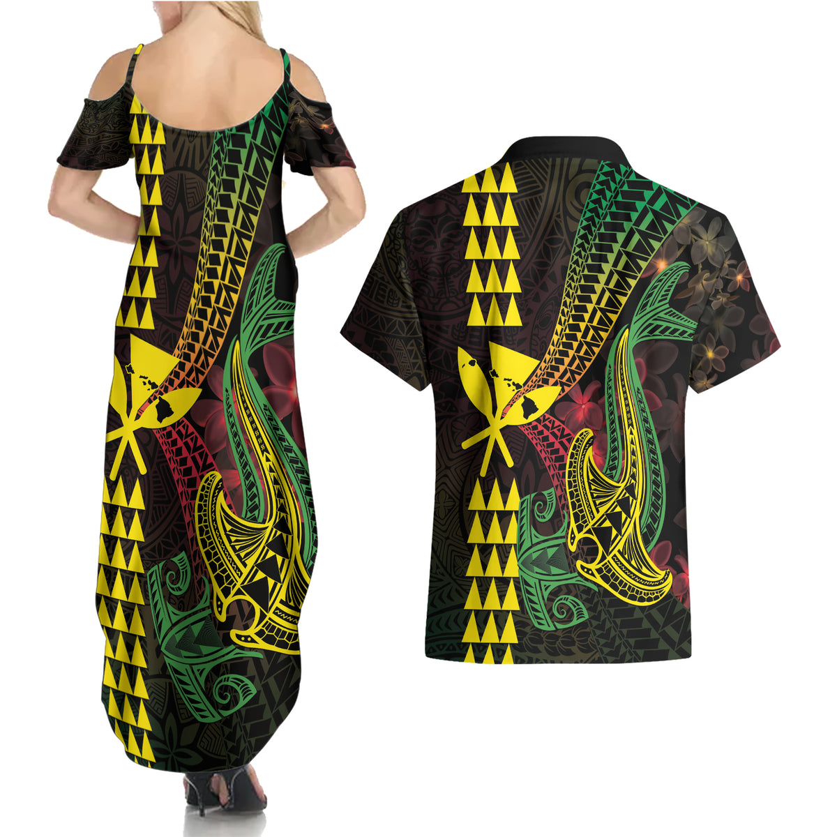 Hawaii Kakau Hammerhead Shark Couples Matching Summer Maxi Dress and Hawaiian Shirt Neon Plumeria Pattern