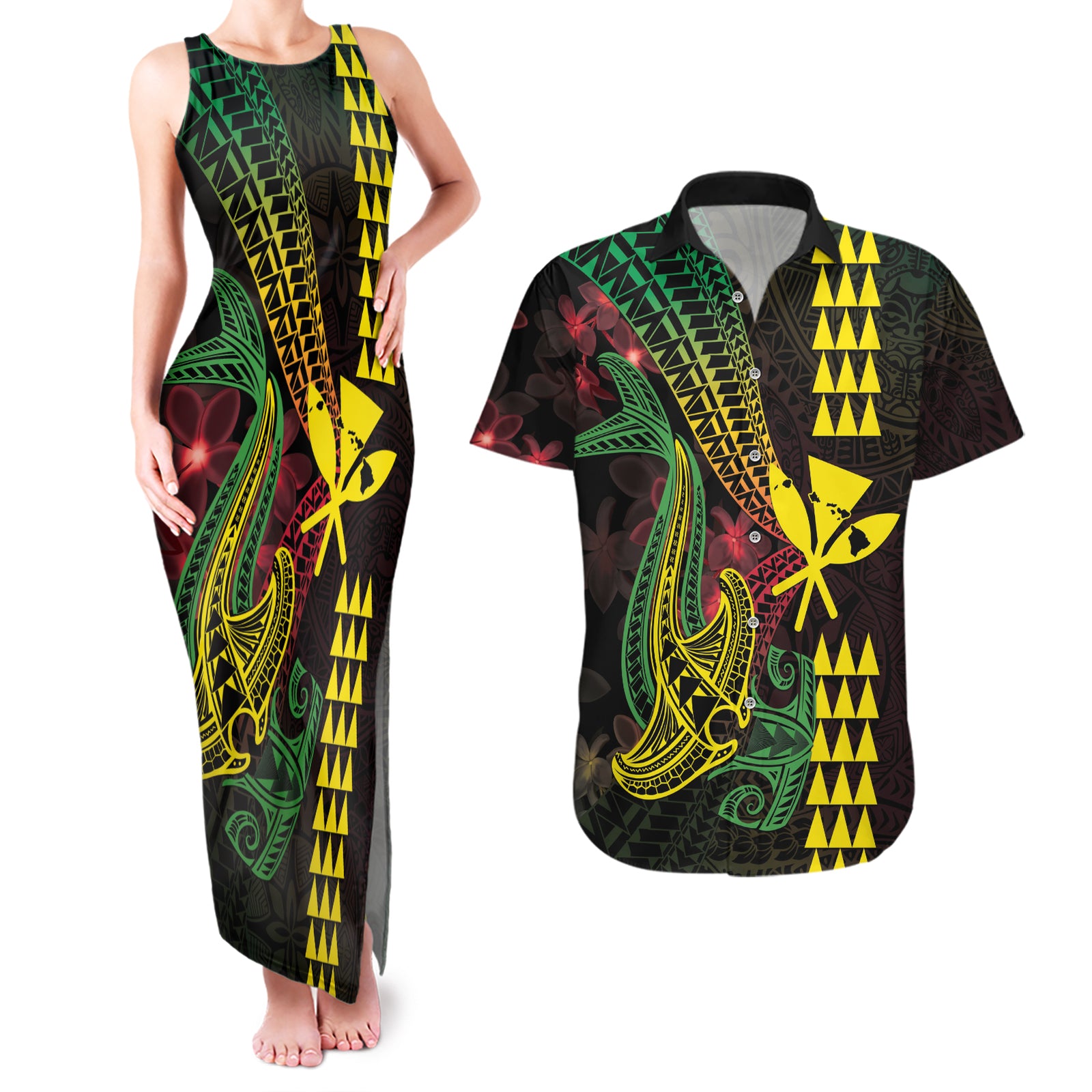 Hawaii Kakau Hammerhead Shark Couples Matching Tank Maxi Dress and Hawaiian Shirt Neon Plumeria Pattern
