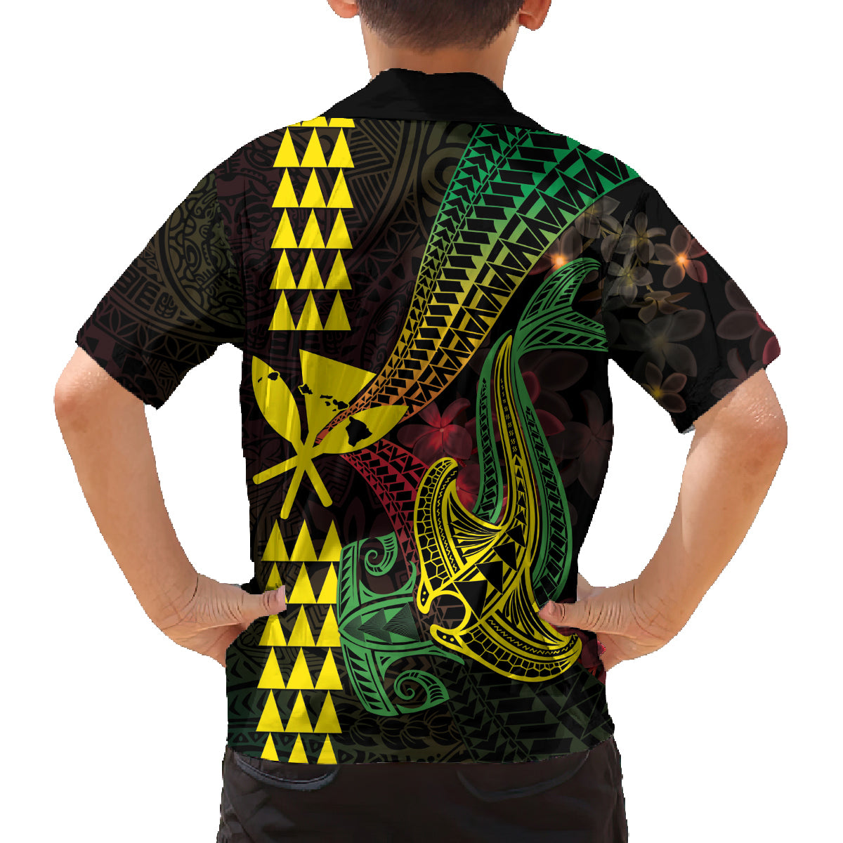 Hawaii Kakau Hammerhead Shark Family Matching Long Sleeve Bodycon Dress and Hawaiian Shirt Neon Plumeria Pattern LT01 - Polynesian Pride