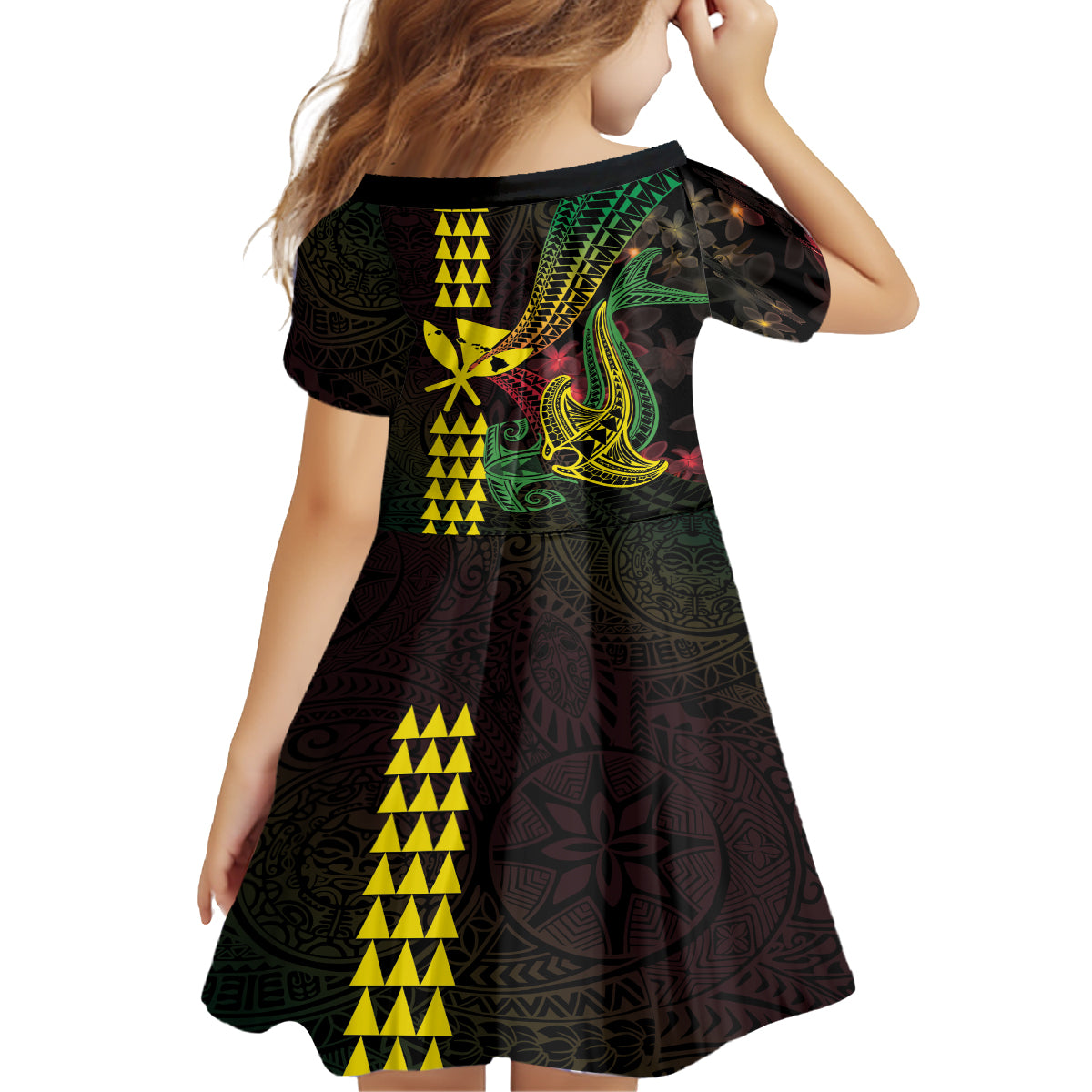 Hawaii Kakau Hammerhead Shark Family Matching Long Sleeve Bodycon Dress and Hawaiian Shirt Neon Plumeria Pattern LT01 - Polynesian Pride
