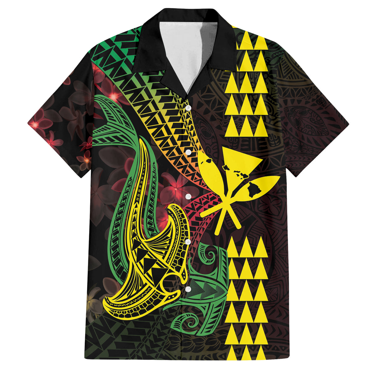 Hawaii Kakau Hammerhead Shark Family Matching Long Sleeve Bodycon Dress and Hawaiian Shirt Neon Plumeria Pattern LT01 Dad's Shirt - Short Sleeve Black - Polynesian Pride